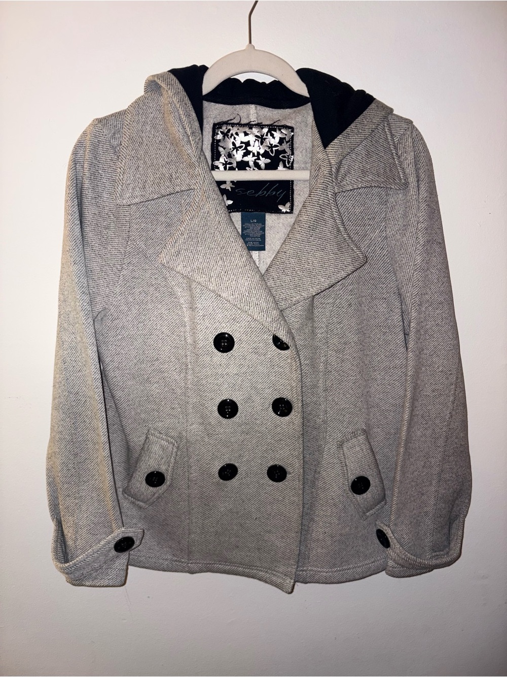 Sebby Light Gray Double-Breasted Hooded Pea Coat